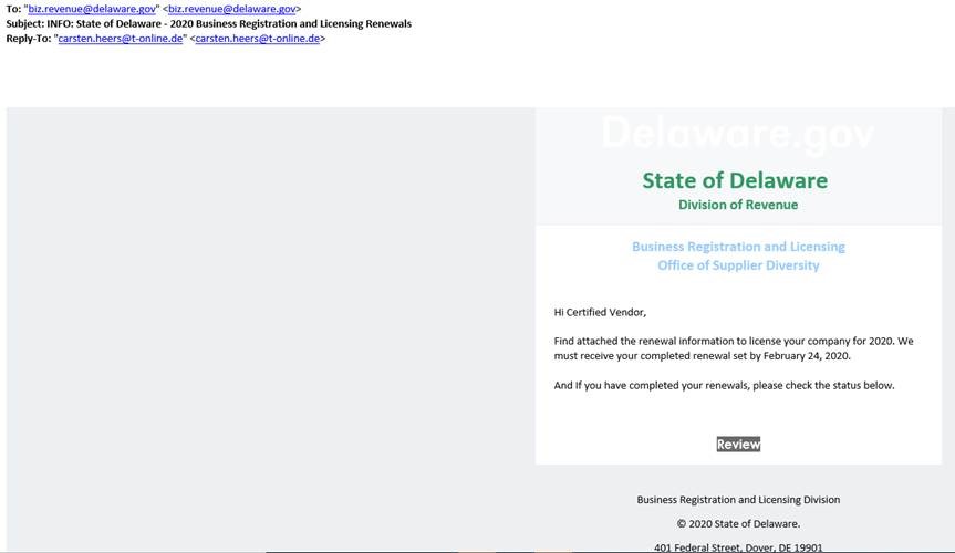 The license renewal alert phishing scam example email, targeting businesses licensed in Delaware